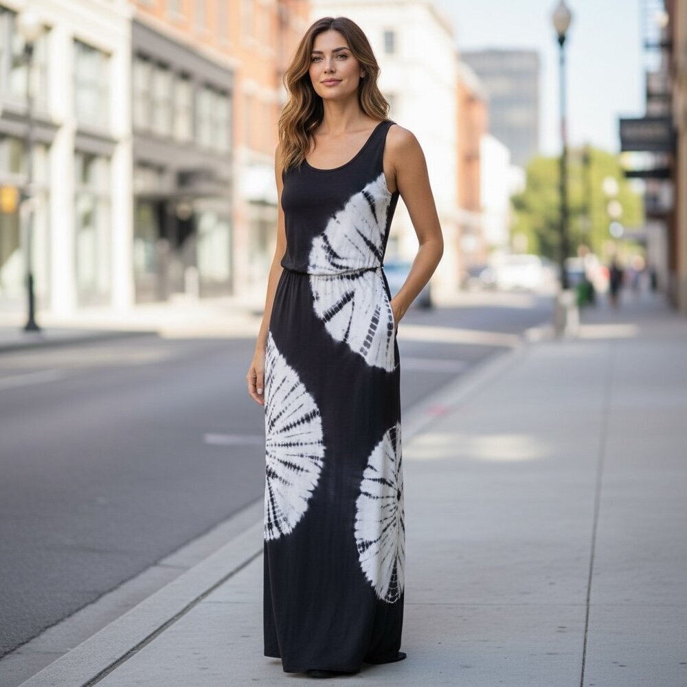 INC/International Concepts Beaded Tie Dye Maxi Tank Dress Sz PS Black White 196G
